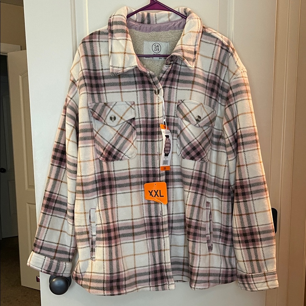 Women's Plaid Button-Up Jacket - Cream and Pink